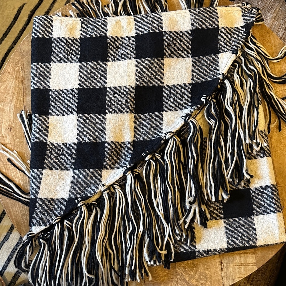 Anthropologie Black and Cream Buffalo Check Fringe Shawl